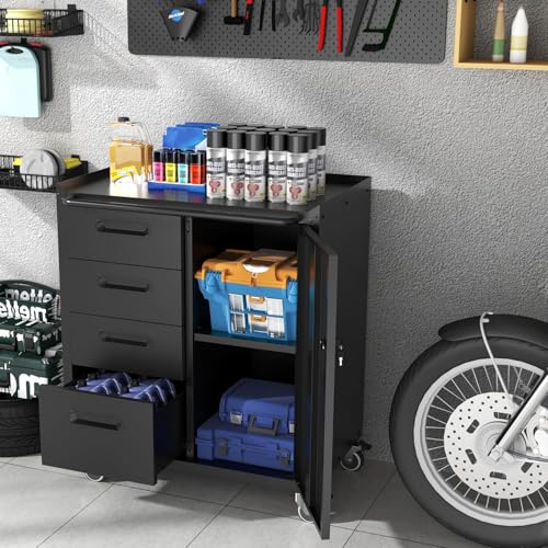 Mobile Tool Storage Cabinet with 4 Drawer and 1 Locking Doors - color: Black, style: 1 door 4 drawer with wheels