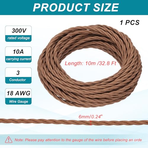 MECCANIXITY 32.8Ft Twisted Cloth Covered Wire, 18/3 Cloth Covered Electrical Wire Vintage Industrial Electronic Wire Cloth Cord Cable for Pendant Light DIY Project, Light Brown - color: Light Brown, size: 32.8Ft