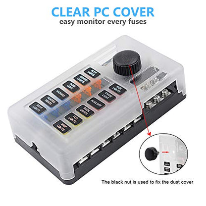 12 Way 12V Fuse Box 12Volt Blade Fuse Block Holder, 12 Circuit W/Negative Bus Waterproof Fuse Box with LED Indicator for 12V/24V Automotive Golf Cart Truck Car Boat Marine RV Van Vehicle - style: Upgrade 12 Way