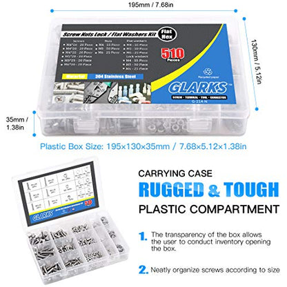 Glarks 510 Pieces Flat Hex Stainless Steel Screws Bolts Nuts Lock and Flat Gasket Washers Assortment Kit