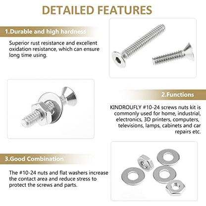 152 Pieces #10-24 x 5/16", 3/8", 1/2", 5/8", 3/4", 1", 1-1/4", 1-1/2", Countersunk Head Socket Cap Screws Nuts Washers Assortment Kit, 304 Stainless Steel, Fully Machine Thread - size: #10-24, style: Countersunk Head