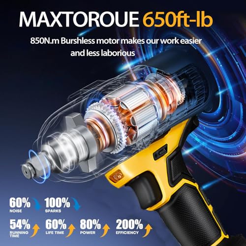 1/2" Cordless Impact Wrench 650Ft-Lbs Brushless, 2×4.0Ah Battery & Charger