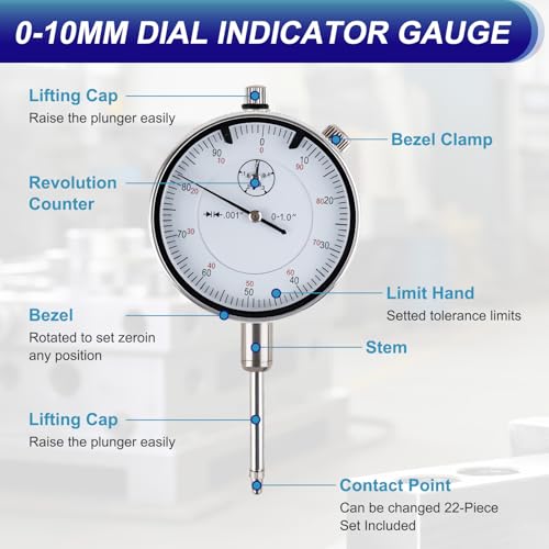 Dial Indicator with Magnetic Base, 0-1"×0.001" Magnetic Dial Indicator Set with 360° Rotatable Arm, Dial Test Indicator with 22 Point Set for Precision Measurement in Workshops, Labs, and Mold Making