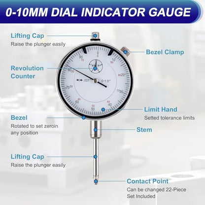 Dial Indicator with Magnetic Base, 0-1"×0.001" Magnetic Dial Indicator Set with 360° Rotatable Arm, Dial Test Indicator with 22 Point Set for Precision Measurement in Workshops, Labs, and Mold Making