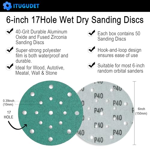 6-Inch 17-Hole 40 Grit Zirconia Alumina Hook & Loop Sanding Discs, Heavy-Duty Polyester Film Backing, Wet/Dry Anti-Clog for Random Orbital Sanders - Wood, Automotive, Metal - 40 Pack - color: 40 Grit, size: 6 Inch 17 Hole