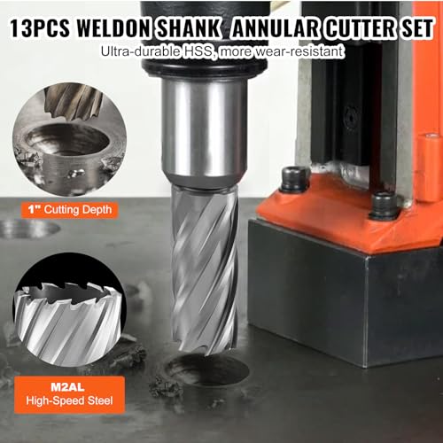 VEVOR Annular Cutter Set, 13 pcs Weldon Shank Mag Drill Bits, 1" Cutting Depth, 7/16" to 1-1/16" Cutting Diameter, M2AL HSS, 2 Pilot Pins, Hex Wrench and Portable Case, for Using with Magnetic Drills - size: 7/16" - 1-1/16" * 1"