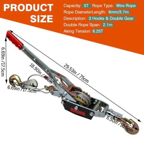 11000lbs Come Along Winch,5T Pulling Capacity,12ft Steel Cable - size: 5 Ton