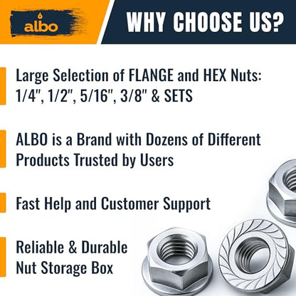 ALBO 100 PCS M6-1.0 Hex Flange Lock Nuts – Stainless Steel 304, Set in Reusable Box – Hardware for Automotive & DIY – M6 Nuts, Metric Nut Assortment - size: Flange Nuts М6-1, 100pcs