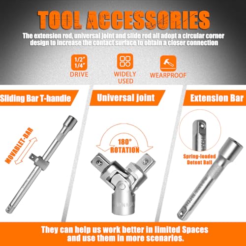 XHTT Mechanics Tools Kit,108-Piece 1/4"&1/2 Metric And Standard Socket Set,Ratchet Set,Quick Release Reversible Ratchet Wrench,Universal Joint,Extension Bars.