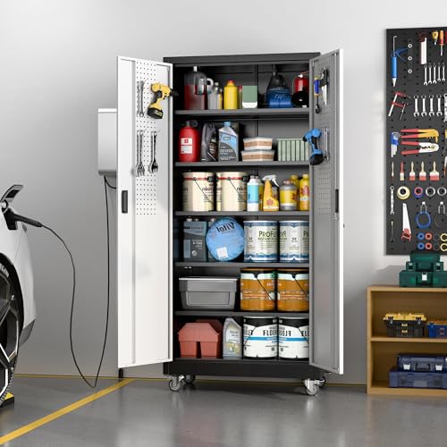 Aobabo Upgraded Garage Storage Cabinets with Wheels,Metal Storage Cabinets with 5 Adjustable Shelves for Garage Home Office Storage, Black&Silver,71''H*32''W*16''D,Assembly Required - color: Black Silver, size: 16"D x 32"W x 71"H