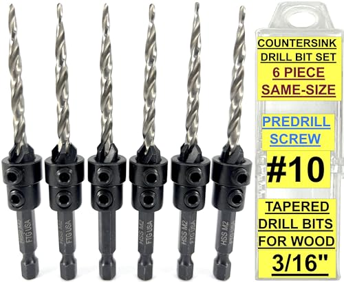 FTG USA 6 Pc #10 (3/16") Countersink Drill Bit Set with Tapered Drill Bits - size: #10, style: Same Sort 6 Pc