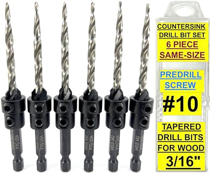 FTG USA 6 Pc #10 (3/16") Countersink Drill Bit Set with Tapered Drill Bits - size: #10, style: Same Sort 6 Pc