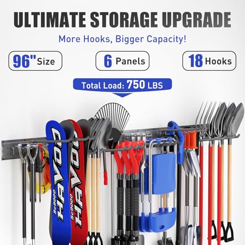 Garage Tool Organizer Wall Mount 99 inches with 18 Adjustable Heavy-Duty Hooks, Garage Organization, Garden Tool Storage Rack, Yard, and Shed, Holds Up to 750 lbs (Grey) - size: 99" | 6 Panels + 18 Hooks