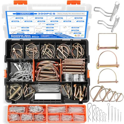 300PCS Heavy Duty Pin Assortment Kit, Tractor Linch Pins Hitch Pins PTO Pins R Clips Cotter Pins Hair Pins Square Pins for Trailers, Trucks, Lawn Mowers, Farm & Garden Equipment - size: 300Pcs - 21 Sizes