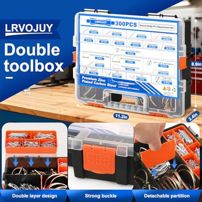300PCS Heavy Duty Pin Assortment Kit, Tractor Linch Pins Hitch Pins PTO Pins R Clips Cotter Pins Hair Pins Square Pins for Trailers, Trucks, Lawn Mowers, Farm & Garden Equipment - size: 300Pcs - 21 Sizes