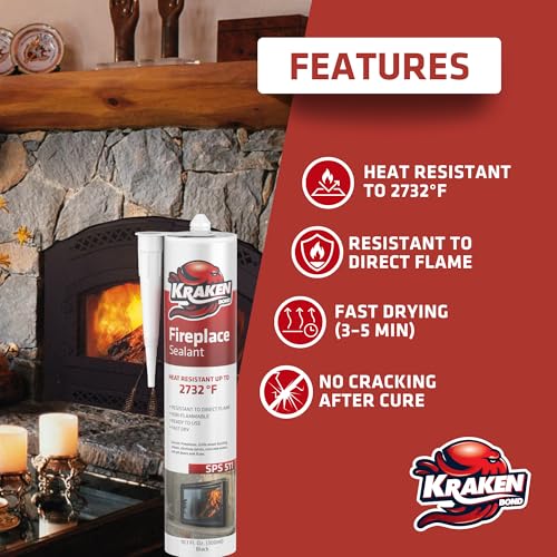 Kraken Bond High Temperature Black Fireplace Sealant 2732°F - (1x10.1oz.) Fire Resistance Up to 2732°F, High Temp Fire Caulk for Ovens, Stoves, Chimneys - Fast Dry, Paintable, Non-Flammable, 1 Pack
