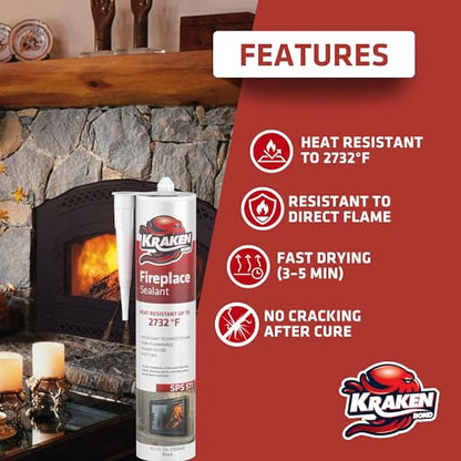 Kraken Bond High Temperature Black Fireplace Sealant 2732°F - (1x10.1oz.) Fire Resistance Up to 2732°F, High Temp Fire Caulk for Ovens, Stoves, Chimneys - Fast Dry, Paintable, Non-Flammable, 1 Pack