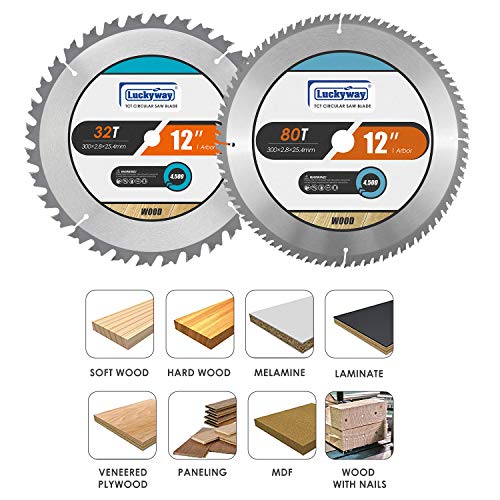 Luckyway 12 Inch Miter Saw Blades 32T General Purpose & 80T Fine Finish with 1 Inch Arbor TCT (Tungsten Carbide Tipped) Saw Blade for Cutting Wood 2-Pack - size: 12" / 32T&80T, style: 12 Inch