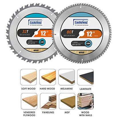 Luckyway 12 Inch Miter Saw Blades 32T General Purpose & 80T Fine Finish with 1 Inch Arbor TCT (Tungsten Carbide Tipped) Saw Blade for Cutting Wood 2-Pack - size: 12" / 32T&80T, style: 12 Inch