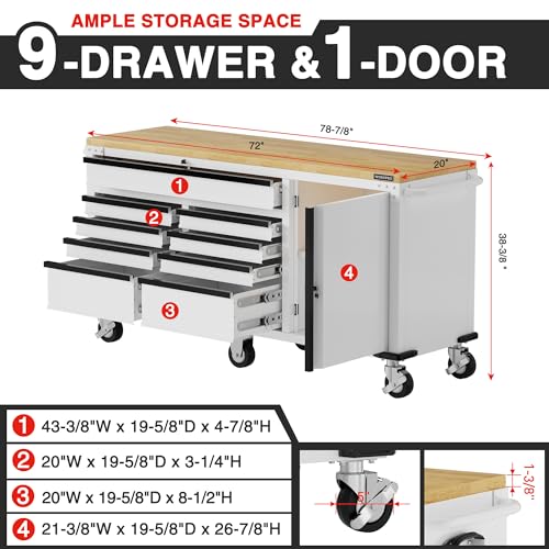 WORKPRO 72" x 22" Rolling Tool Cabinet, 9-Drawer & 1-Door - color: White, size: 72" x 22"(9-Drawer & 1-Door)