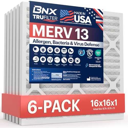 BNX TruFilter 16x16x1 Air Filter MERV 13 (6-Pack) - MADE IN USA - Electrostatic Pleated Air Conditioner HVAC AC Furnace Filters for Allergies, Pollen, Mold, Bacteria, Smoke, Allergen, MPR 1900 FPR 10 - size: 16x16x1 6-Pack
