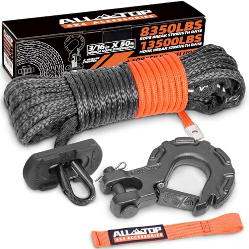 ALL-TOP Synthetic Winch Rope w/Hook & Isolator, 3/16in x 50ft, 8350Lbs UHMWPE Cable Replace Kit, Forged Hook & Rubber Stopper & Safety Pull Strap - color: Gray, Rope W/ Hook for Atv & Utv, size: 3/16in x 50ft, 8350Lbs BSR, for 3500Lbs winch