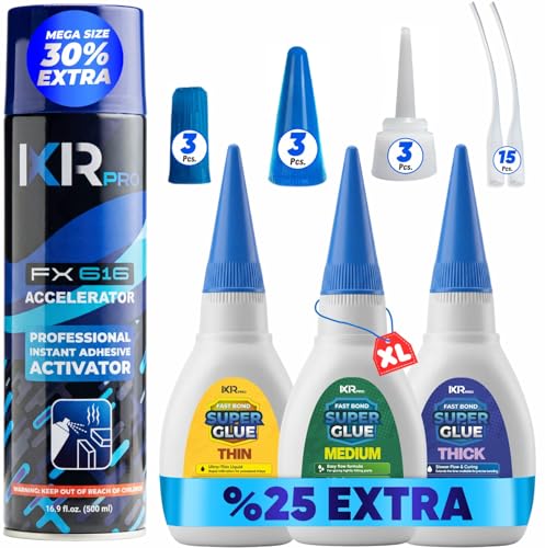 CA Glue with Activator Kit (3x1.75 oz. Thin-Medium-Thick + 16.9 fl.oz.) Cyanoacrylate Glue and Activator, Super Glue Accelerator, Super Glue for Wood, Woodworking, Plastic, Guitar, 3D Printing - size: 1 Pack