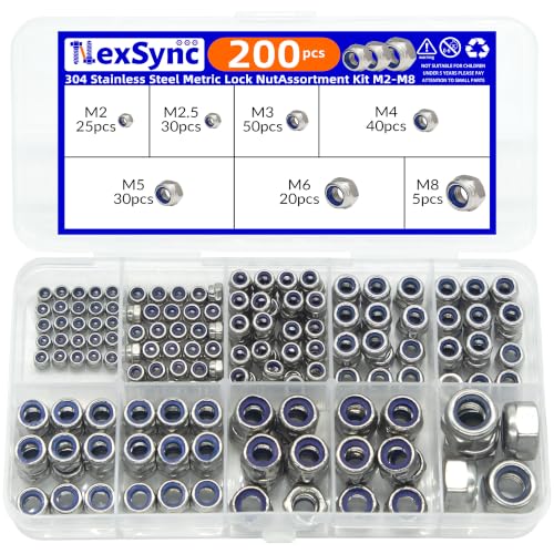 200pcs 304 Stainless Steel Nylon Insert Lock Nut Assortment Kit M2-M8