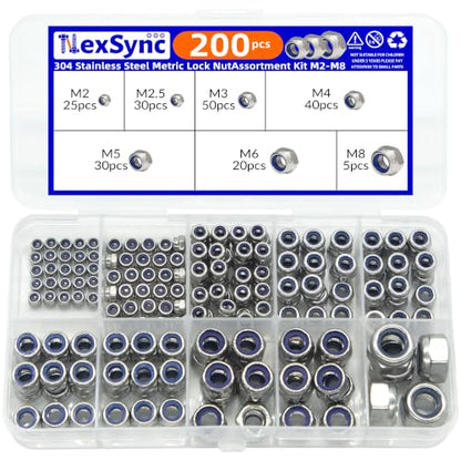200pcs 304 Stainless Steel Nylon Insert Lock Nut Assortment Kit M2-M8