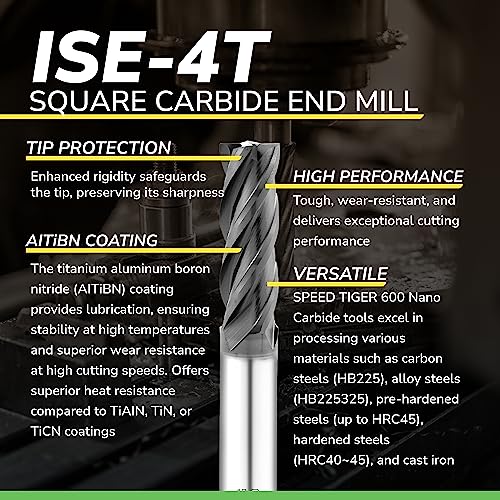 SPEED TIGER Micrograin Carbide Square End Mill - 4 Flute - ISE5/64 4T (5 Pieces, 5/64") - for Milling Alloy Steels, Hardened Steel, Metal & More – Mill Bits Sets for DIYers & Professionals - size: 5/64 in