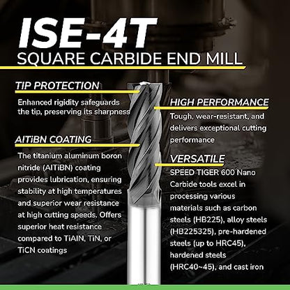 SPEED TIGER Micrograin Carbide Square End Mill - 4 Flute - ISE5/64 4T (5 Pieces, 5/64") - for Milling Alloy Steels, Hardened Steel, Metal & More – Mill Bits Sets for DIYers & Professionals - size: 5/64 in