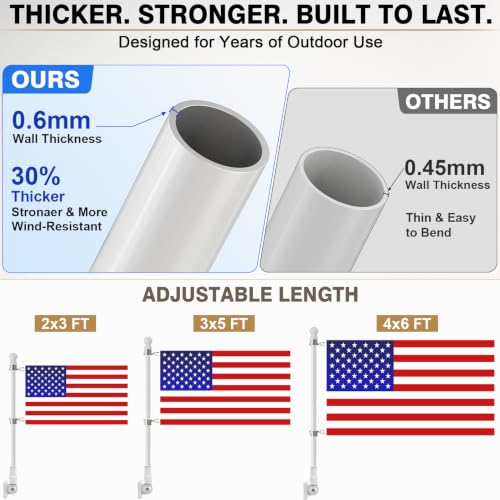 Heavy Duty Stainless Steel Flag Pole Kit - 180° Adjustable Bracket - color: White flag pole with bracket
