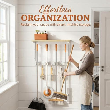 Upgraded Broom Holder Wall Mount with Shelf, Mop and Broom Organizer Wall Hanging, Cleaning Supplies Organizer (small) - size: small