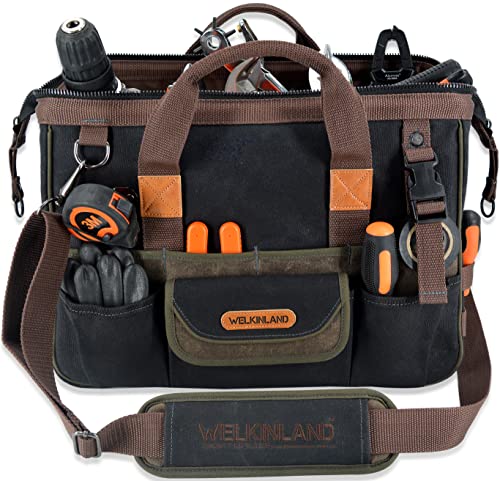 WELKINLAND 32-Pocket Waxed Canvas Tool Bag, 16" HVAC Tool Bag For Men