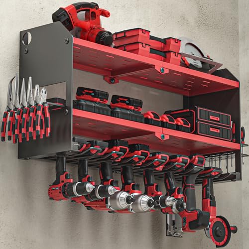 YYR Power Tool Organizer Wall Mount, Cordless Drill and Battery Holder, Electric Tools Hanger Storage Rack with Charging Station, Garage Organization Floating Shelf - Made of Heavy Duty Metal, Red - color: Red, size: without Power Strip