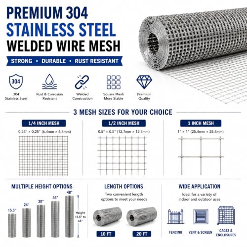 304 Stainless Steel Welded Wire Mesh Roll, Heavy Duty Metal Fence Wire for Chicken Coop, Garden Fence, Animal Enclosure, DIY & Home Improvement (1/4" Mesh, 23.5" x 20') - size: 1/4" Mesh, 23.5" x 20'