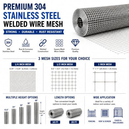 304 Stainless Steel Welded Wire Mesh Roll, Heavy Duty Metal Fence Wire for Chicken Coop, Garden Fence, Animal Enclosure, DIY & Home Improvement (1/4" Mesh, 23.5" x 20') - size: 1/4" Mesh, 23.5" x 20'