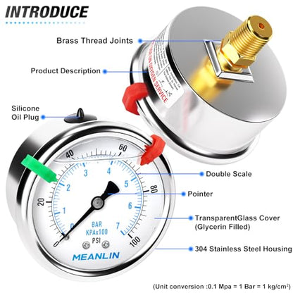 MEANLIN MEASURE 0~100Psi Liquid Filled Pressure Gauge 1/4" NPT 2.5" FACE DIAL Stainless Steel Glycerin Filled WOG Water Oil Air Back Mount (with 2PCS Snaps) - size: 0-100Psi