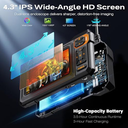 Dual Lens Endoscope Camera with Light, 4.3" IPS 1920P HD Borescope Camera - size: 16.5FT Dual Lens