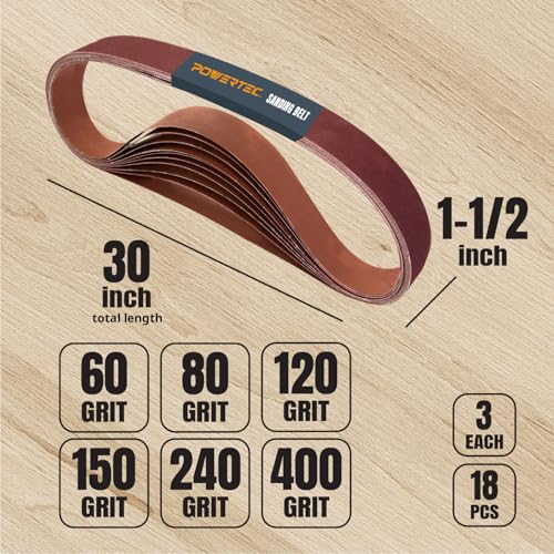 POWERTEC 18PK 1-1/2 x 30 Inch Sanding Belts, 3 Each of 60, 80, 120, 150, 240, 400 Grits, Aluminum Oxide Belt Sander Paper Assortment for Pipe Tube Polisher Sander, Woodworking (111380) - style: 1-1/2 x 30, 60-400 Grit