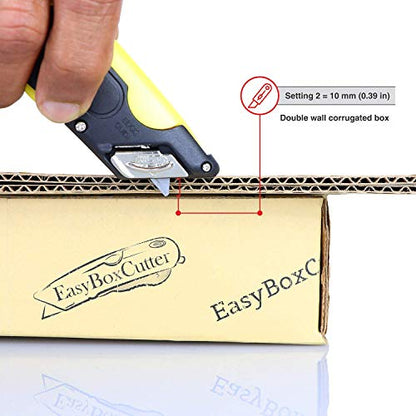 Modern Box Cutter, extra tape cutter at back, dual side edge guide, 3 blade depth setting, 2 blades and holster - Yellow Color 2000 STD