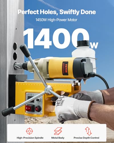 VEVOR Magnetic Drill, 1450W Motor 2 in Boring Diameter, 2878 lbf Electric Mag Drill Press, with 6 Coring Bits, Variable Speed, Drilling Machine for Metal Surface, Home Improvement Industry, Yellow - size: 2 in (6 Bits)