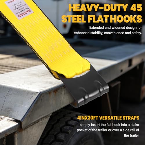 Yellow 4 Inch x 30 FT Heavy Duty Tie Down Straps - High Visibility Flatbed Trailer Straps with Flat Hooks, 6000 lbs Working Load / 18000 lbs Break Strength, 10-Pack for Truck & Cargo Securement - color: Yellow