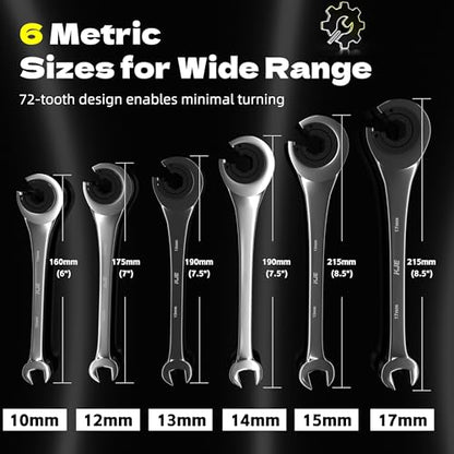 KJE 6PCS Metric 10-17mm Ratcheting Flare Nut Wrench, Brake Line Wrench Set, Ratcheting open end Tubing Wrench Set, 72-Tooth, CR-V, for Nuts on Fuel, Brake or Air Conditioning Lines, Gifts for Men - size: 6PCS 10-17mm Ratcheting