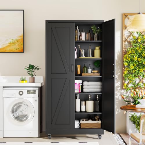 erosoe 74" H Metal Garage Storage Cabinet, Rolling Tool Cabinet with 2 Doors and Wheels, Locker Steel Cabinet with 5 Adjustable Shelves, Organization Cabinet for Garage,Office,Home,Gym,-Black - color: Black, size: 74" CasLck-M