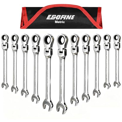 Egofine Flex Head Ratcheting Wrench Set 11 Piece, Metric Wrench Set, CR-V Steel 6-15mm Wrench, 72-Teeth Combination wrench set, Chrome plated Ratchet Wrenches Set with Tool Roll Bag - style: Metric-11 piece set