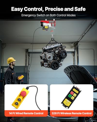 VEVOR Electric Hoist, 440 lbs 120V Electric Winch with 328 ft Wireless & 14 ft Wired Remote Control, 40 ft Single Cable Lifting Height, Single/Double Slings, Lift Hoist for Garage Warehouse Factory - size: 440LBS Wireless/Wired