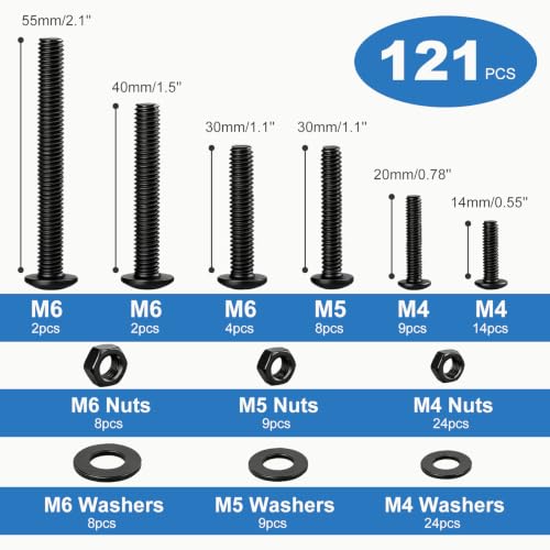 121PCS Nuts and Bolts Assortment Kit, M4 M5 M6 Phillips Head Machine Screws Assorted Set with Storage Case, Small Metric Bolts Nuts and Flat Washers Kit, Black - color: Black, size: 121PCS-M4 M5 M6