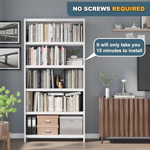 Bookshelf,5 Tier Bookshelves,69" Tall Metal White Bookcase,Install Simple Bookshelves for Bedroom, Living Room,Home Office/Library(White) - color: White, size: 69"H*34"W