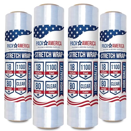 Pack of America Stretch Film - 4 Roll Clear, 18” x 1100 Feet, 80 Gauge (20 Micron) Industrial Heavy Duty Plastic Shrink Wrap and Dispenser for Packing, Shipping, Pallet, Moving Supplies